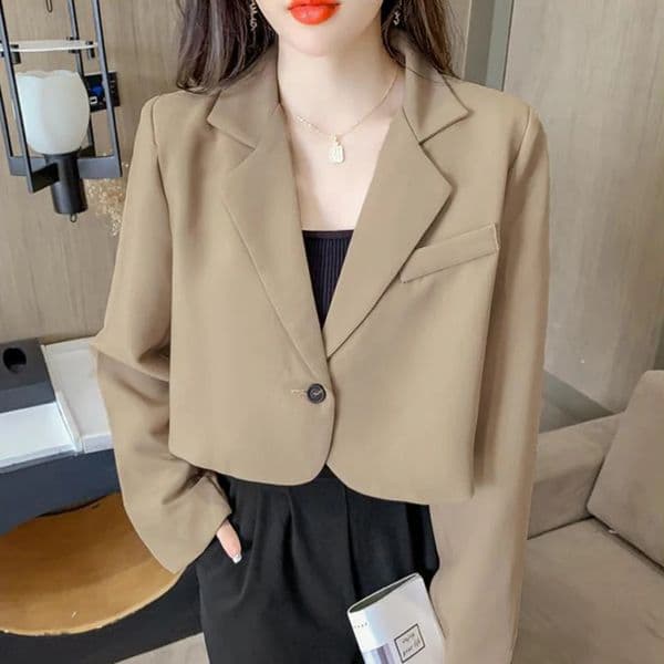 Lucyever Korean Cropped Blazers Women Solid Color Simple Single-button Outwear Teens All-match Long Sleeve Office Suit Jacket 240930