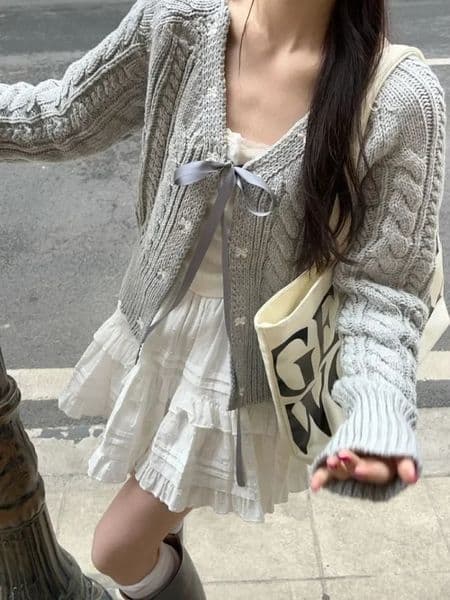 Deep city Korean fashion gray cardigan wool sweater womens sweet Jill bow bandage Coquette knitted sweater sleeveless casual long sleeved top autumn 240927