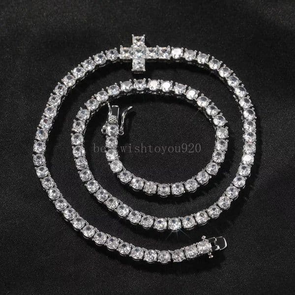 Mens Heavy Chains Necklace 4mm 16-20inch 18K White Gold Plated Bling Iced Out CZ Tennis Cross Chain Necklace 7/8inch Bracelet Fashion Jewelry