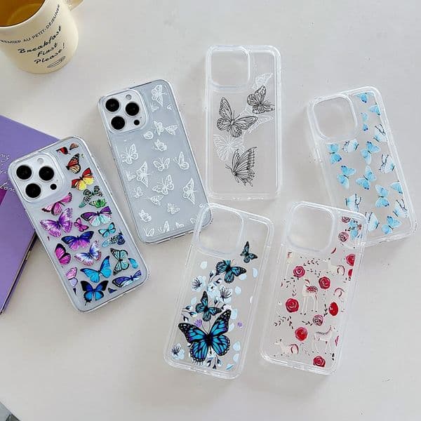 S26 Butterfly Rose Flower Soft TPU Cases For iPhone 17 Air 16E 16 15 Plus 14 Pro Max 13 12 11 Samsung S25 S24 FE Ultra A57 A37 A17 A07 A36 A56 Clear Shockproof