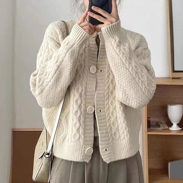 Cable Knit Cardigan for Women Cozy Soft Long Sleeve Crew Neck Button Up Sweater Jacket Ladies Autumn Winter Vintage Outfit 240105
