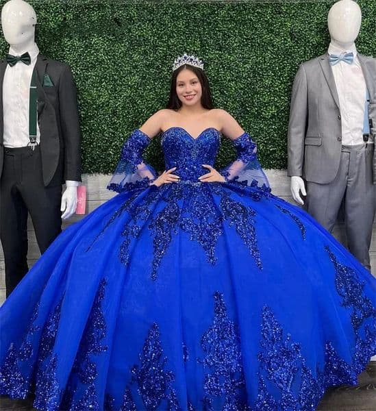 Royal Blue Princess Quinceanera Dresses With Glitter Sequin Lace Appliques Detachable Flare Sleeves Sweetheart Neckline Luxury Tulle Prom Dress For Girls