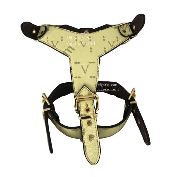 Designer Dog Harness Leash set Classic Letter Pattern Leather Dog Harness for Big Large Dogs Cane Corso, Rottweiler, Dogon Argentino, Presa, Mastiff, Bulldog Yellow B219