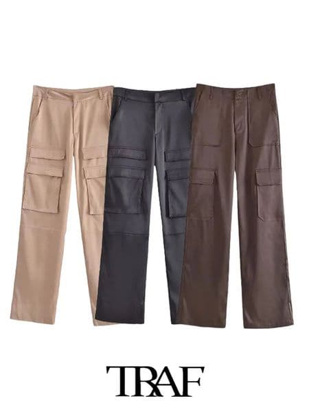 TRAF Women Pants 2023 Fashion Solid Silk Satin Cargo At The Cuffs Female Trousers Mujer 240109Z