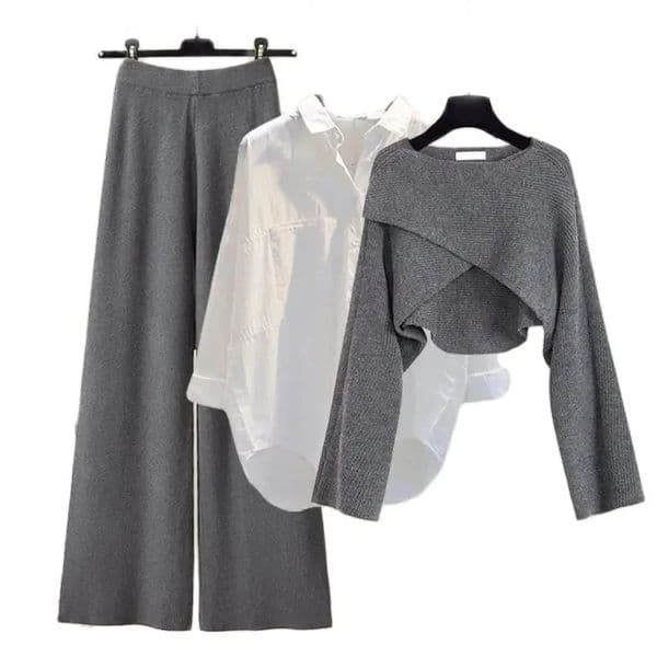 Spring Autumn Women's Set Three Piece Loose ShirtSolid SweaterHigh Waist Wide Leg Pants Retro Casual Three Piece Set 240115