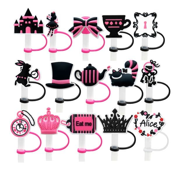 In Alice Wonderland Topper Sports Drinks Silicone Mold Accessories Cover Charms Reusable Splash Proof Drinking Dust Plug Decorative 8Mm Straw Party Supplies