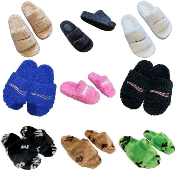 Women's winter slippers classic letter designer shoes open toe fur shoes luxury brand platform shoes warm plush beach shoes outdoor flat heel sandals rubber bottom
