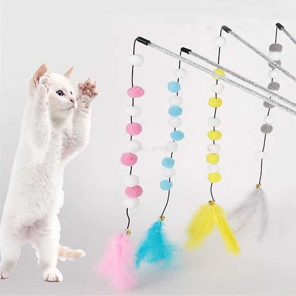 Pompom Cat Toys 1pcs Interactive Stick Feather Toys Kitten Teasing Durable Playing Plush Ball Pet Supplies For Cat ExerciseXJ240801