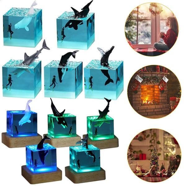 Whale Diver Ocean Decoration with Light Whale Diver Night Light Cube Beluga Killer Whale Megalodon for Desktop Bookshelf 240731