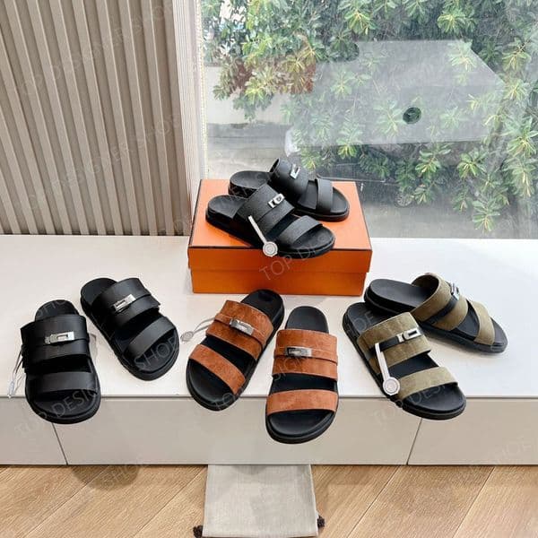 Top quality Silver buckle Unisex Flat slipper slides sandal womens mens Genuine Leather Beach Flat shoes Luxury designe slipper man Vacation shoes 35-46 With box