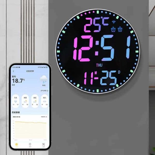 WiFi Colorful Led Wall Calendar Clock Date Temperature Display and Dual Alarms Digital Clock Home Decoration Remote Control M240731