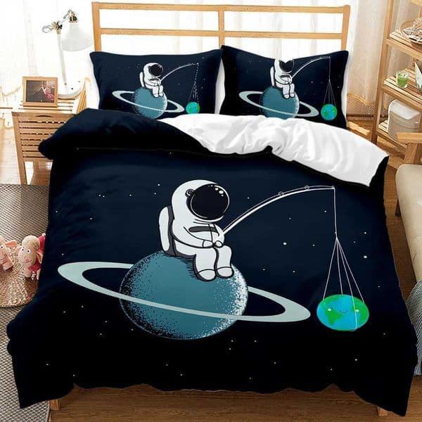Childrens Cartoon Astronaut Down Duvet Cover Bedding Extra Large Boys Galaxy Star Outer Space Soft Polyester Comfort Cover Black W240801