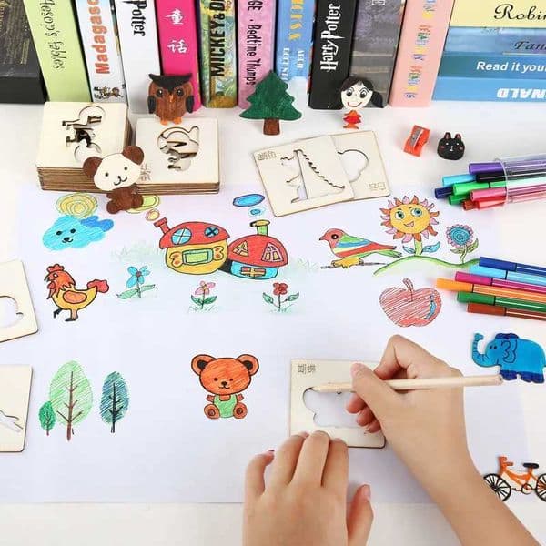 DIY 20pcs Montessori Kids Drawing Wooden Painting Stencils Template Craft Puzzle Science Educational Toys for Children Gifts Y240801
