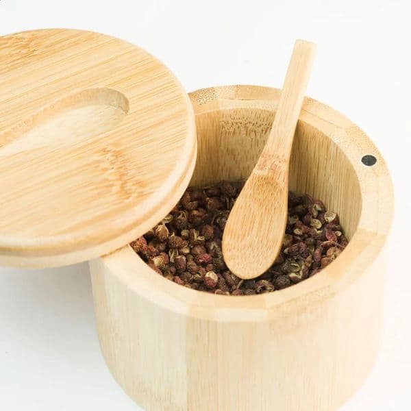 Bamboo Salt Container With Lid And Spoon Pepper Sugar Seasonings Storage Holder Box Kitchen Accessories Spices Jar Cellar Bowl 240801