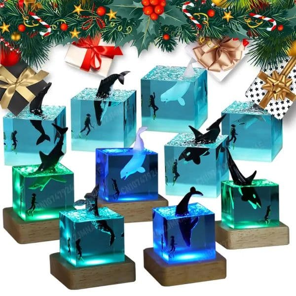 Ocean Whale Cube Decoration with Light Whale Submariner Night Light Cube Whale Killer Whale Megalodon Desktop Bookshelf 240731
