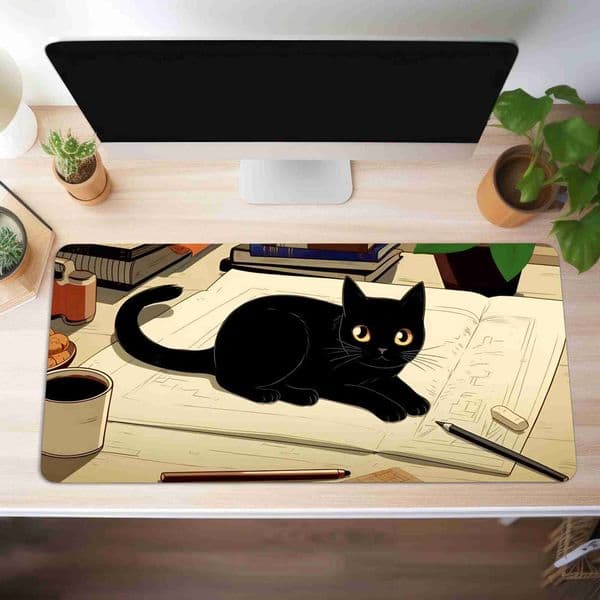 Cute black cat desk mat anime style beautiful desk mat large size desk mat gaming mouse pad XL mouse pad multiple sizesM240802
