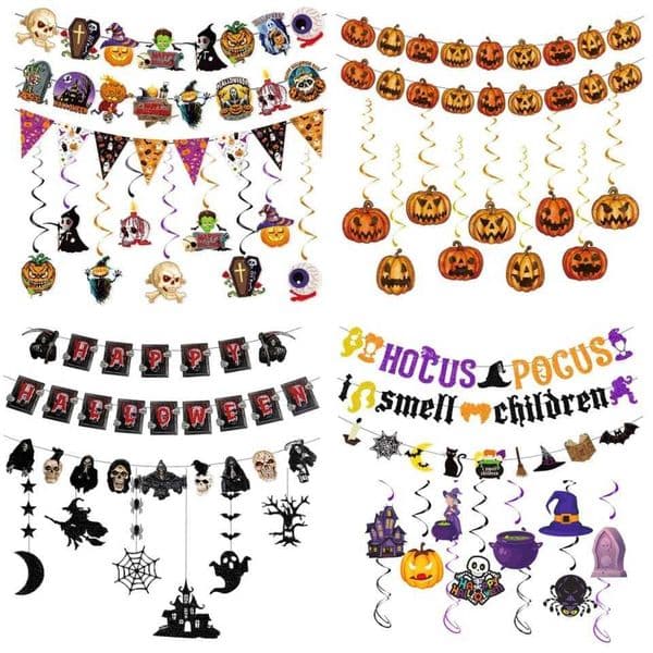 Halloween Banner Garland Pumpkin Ghost Bat Swirl Ceiling Hanging Ornament Happy Halloween Decoration Hoilday Party Supplies Y240801