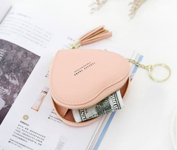 Fashion Heart Shape Women'S Wallets Pu Leather Tassels Zipper Mini Clutch Key Ring Money Bag Pouch Girls Cute Small Coin Purse