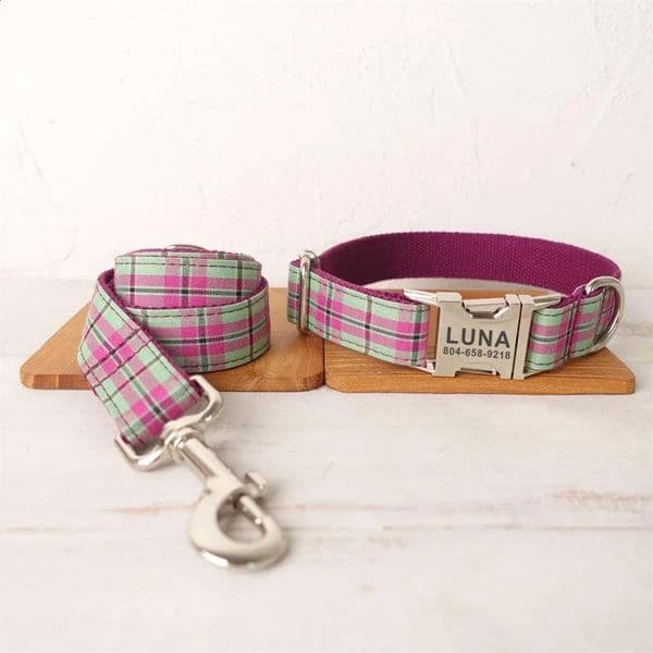 Personalized Dog Collar Customized Pet Collar Free Engraving ID Name Tag Pet Accessory Purple Green Plaid Puppy Collar Leash 240802