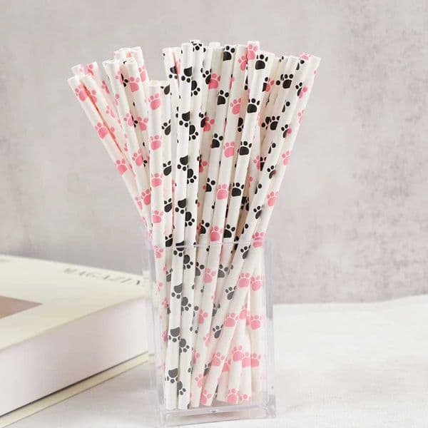 50Pcs Dogs Paw Disposable Paper Straws Cat Paw Biodegradable Drinking Straws for Pets Animal Theme Birthday Party Decorations Y240801