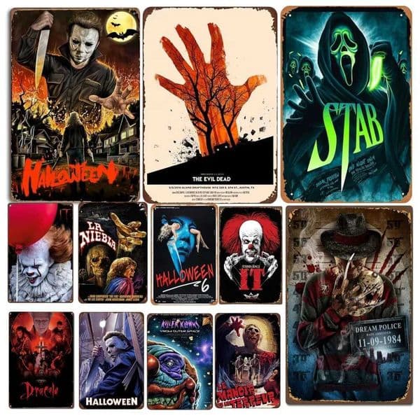 Retro Halloween Metal Sign Horror Movie Theme Shabby Iron Painting Tin Signs Wall Art Man Cave Film Theater Club Home Decoration Y240801