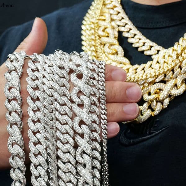 10 12 14 20 mm miami sterling sier gold plated men necklace iced out hiphop jewelry diamond moissanite cuban link chain Dripiceco