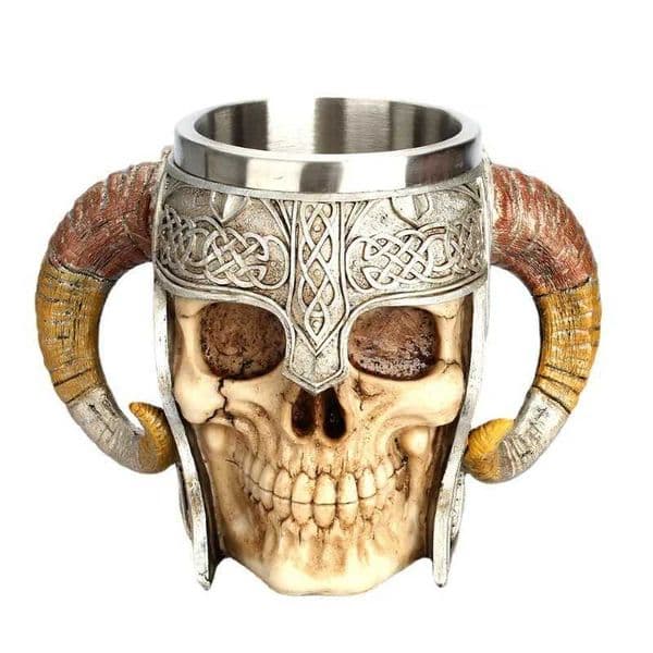 550ml Creative Skull Knight Double Horns Resin Handle Stainless Steel Mugs Coffee Mug Beer Cups Office Home Party Bar DrinkwareM240803