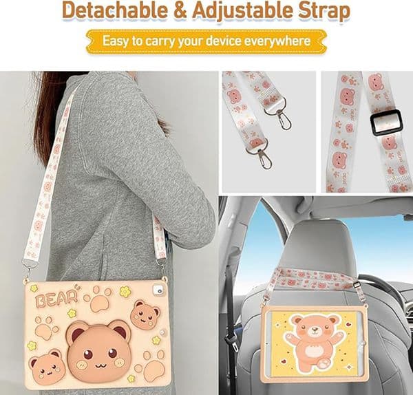 Soft Silicone Case For iPad Air 6th 11" M2 2024 Pro 11inch Kids Tablet Cover For iPad Air4/5 10th Gen 10.9inch 9th 8th 7th 10.2" Mini6 3D Cartoon Bear Stand Kickstand Cover