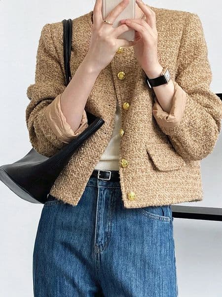 2024 High End Retro Woolen Tweed Jacket WomenSmall Fragrance O-neck Long Sleeve Short Coat Woman Clothing Outerwears Korean 240802