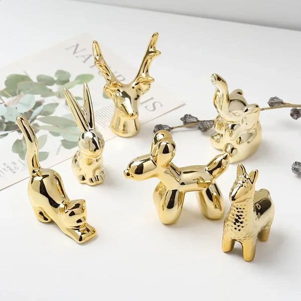 Small Gold Electroplate Ceramic Animal Figurines Swan Alpaca Dog Cat Rabbit Fox Deer Porcelain Home Desk Decoration 240804