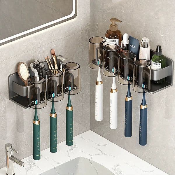 Space Aluminum Wall Mounted Electric Toothbrush Holder Toothpaste Cup Storage Rack Bathroom Accessories Organizer 240806