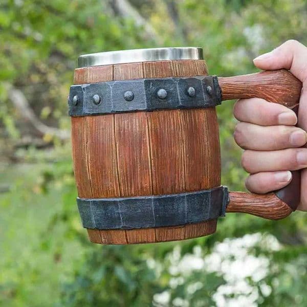 Simulation Wooden Barrel Beer Cup Handmade Antique Coffee Mug Whiskey Barrel Cup Metal Insulated Bar Drinking Coffee CupM240803