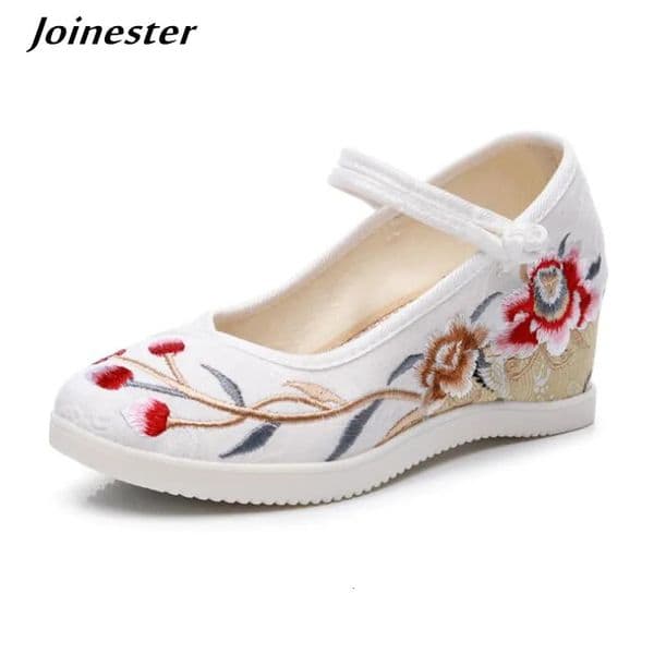 Womens embroidered wedge shoes retro Mary Jane pump summer casual shoes womens round toe cotton beach sandals 240802