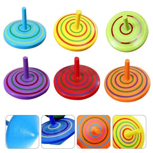 6 Pcs Wooden Spinning Top Painted Tops Peg-Tops Rotative Kids Colorful Game Y240803