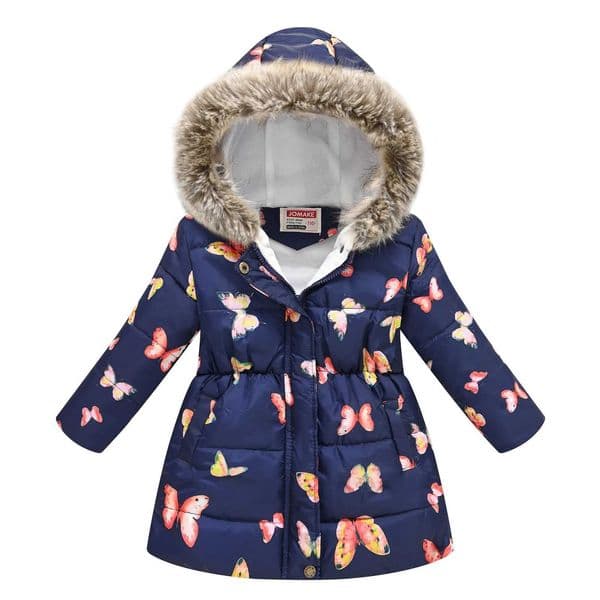 New autumn and winter childrens clothing boys and girls multi-color printing childrens long fur collar hooded coat coat. Y240803