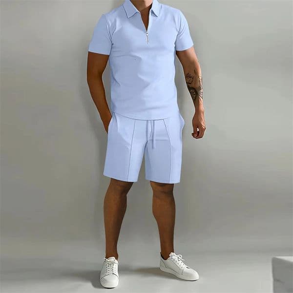 2024 Mens Shorts Set Sleeve Zip Polo Shirt Street T-shirt Two Piece Casual Sportswear Ropa Hombre 240806
