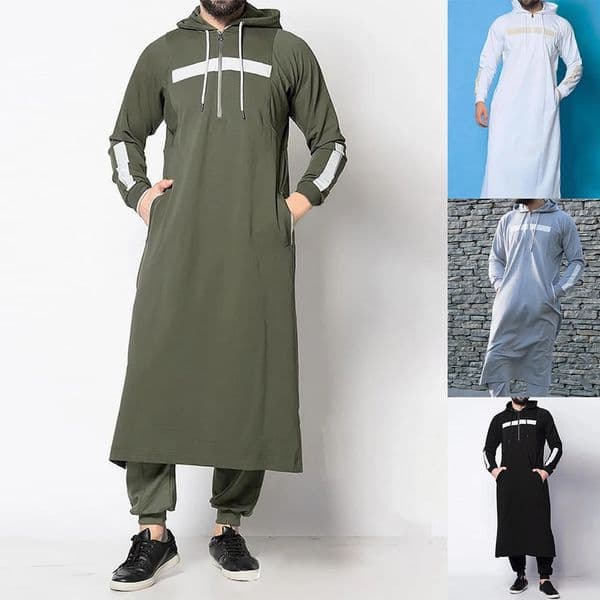Mens Muslim Middle Eastern Islamic Arabic Clothing Vintage Loose Striped Long Sleeve Drawstring Pockets Full Length Hooded Robe 240808