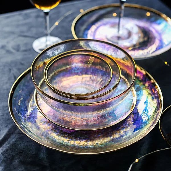 2026 New Kinglang Dazzle Painted Gold Dish Seven cologne Color perfume Transparent Hammer Grain Glass Plate Salad Fruit Bowl Wester 240808 Free Shipping Sh