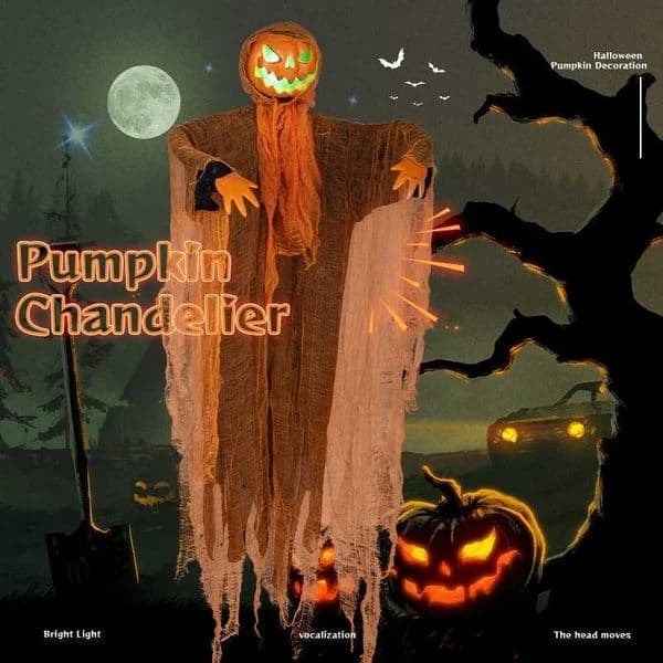 Halloween Pumpkin Party Decoration Hanging Green Light Turning Head Pumpkin Glowing and Sounding Decoration Props Courtyard Hot Y240807