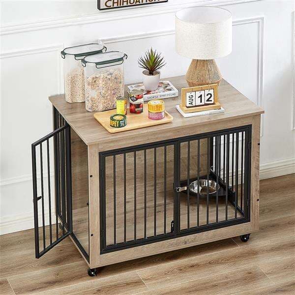 Dog Carrier Furniture Style Cage Side Table, Equipped With Rotatable Feeding Bowl, Wheels, Three Doors, And pet carrier bag A Flip Top Opening. Indoor, Gray P