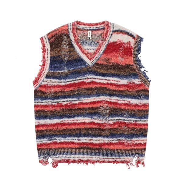 Vintage Gradient Stripe Baggy Knitted Sweater Y2k Vest Washed Ripped Knitwears Tank Top Tie Dyeing V-Neck Sleeveless Pullovers 240807