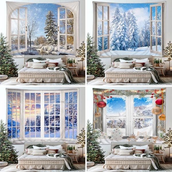 Yard Decor Outdoor Snow Tapestry Christmas Year Moose Faux Window Winter Landscape Living Room Bedroom Hanging Patio landscape Wall Decor Garden Ornament