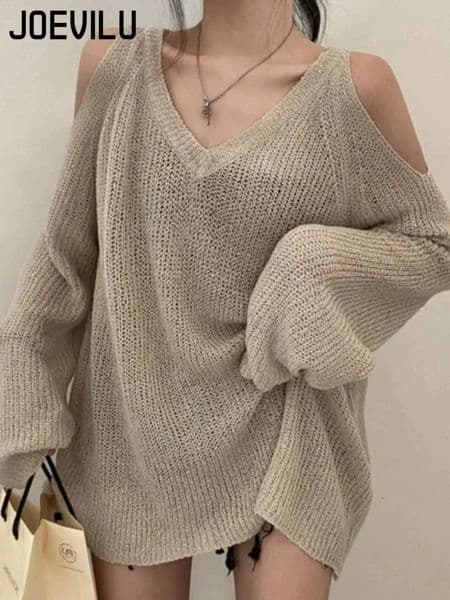 JOEVILU Knitted Sweater Vneck Shoulder Pull Down Parachute Leisure Cover Korean Fashion Street Clothing Hollow Top 240809