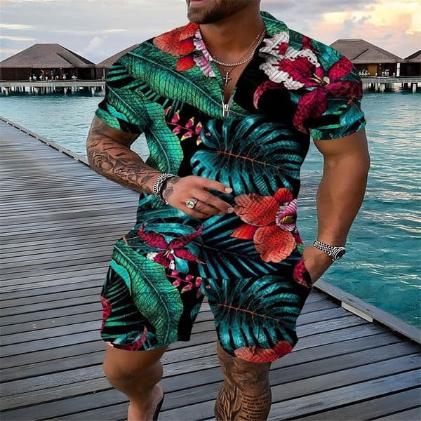 Flower 3D Print Polo Shirts Shorts Sets Mens Fashion Floral Oversized Short Sleeve Shirt Pants Set Suits Man Tracksuit Clothing i240810