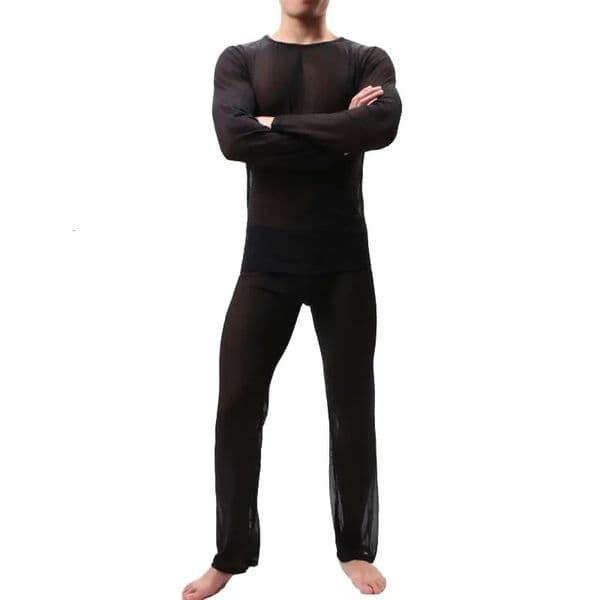 KWAN.Z pijama hombre thin transparent sexy men underwear pajamas sleepwear long sleevess pyjamas men mesh comfortable set 240808