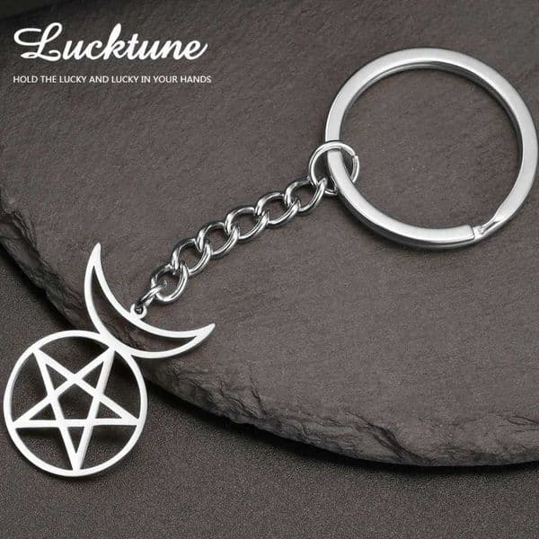 Lucktune Witchcraft Five Star Crescent Keychain Stainless Steel Pentagram Moon Pendant Keychain Womens Jewelry Gift W240808