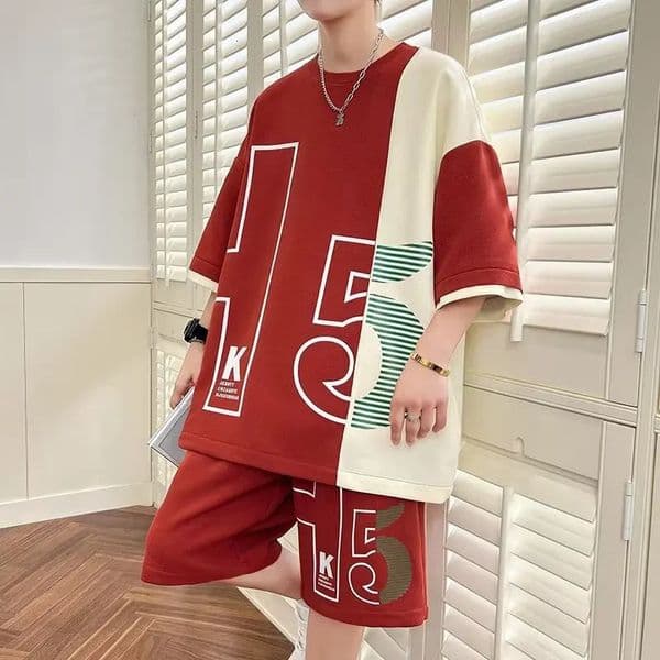 Mens T-Shirt Shorts 2-Piece Set 2024 Red Tracksuit Korean of Harajuku High Street Clothing Creative Pattern Mens Short Suit 240808