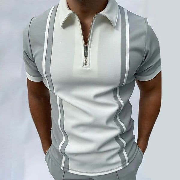Spring and Summer New Mens Golf Polo Shirt Zip Stripe Color Matching T-shirt Top