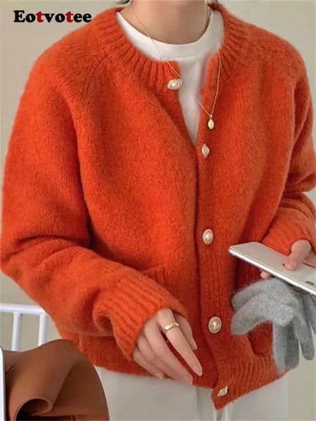 Women's Knits Tees Eotvotee Knit Cardigan Sweaters Woman Autumn Winter Korean Pearl Button Up Raglan Sleeve O-Neck Pockets Casual Short Tops 230224