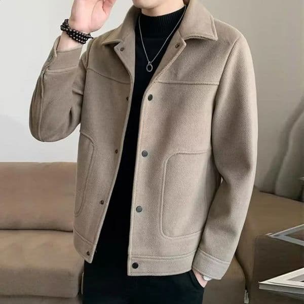 Fall Winter Men Jacket Lapel Single-breasted Thick Woolen Coat Long Sleeve Loose Solid Color Warm Pockets Men Fall Winter Coat 240809